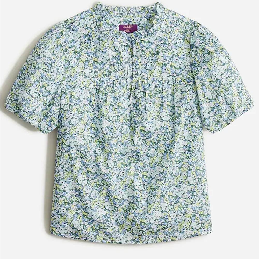J. Crew Petite Floral Puff-Sleeve Blouse in Light Blue and Green